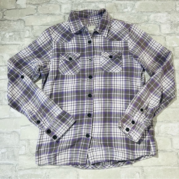 O'neill Women XL Soft Flannel Button Up Shirt Purple and Gray Plaid Roll Sleeve - Picture 1 of 9